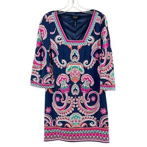 Laundry Shelli Segal Navy Blue & Pink‎ Damask Dress Square Neck - Size 4